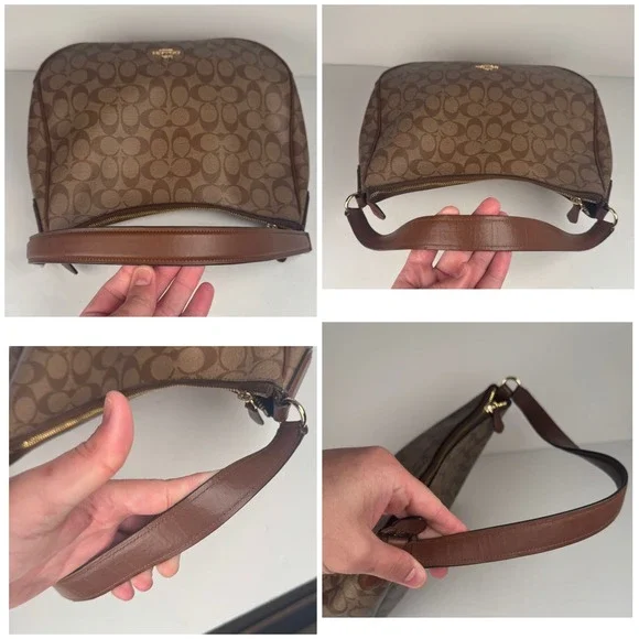 Coach Signature Khaki Canvas Tan Leather Shoulder Zip Hobo Monogram Purse F29209 - Picture 5 of 8